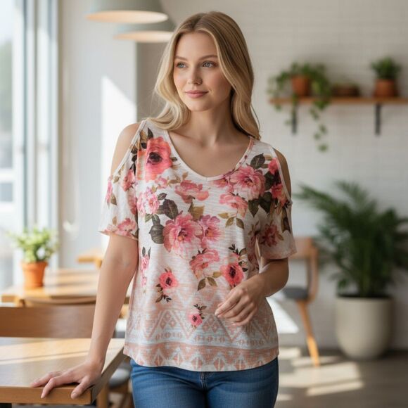 Naif Pink Floral Casual Cold Shoulder Knit Top Size M - Picture 1 of 7